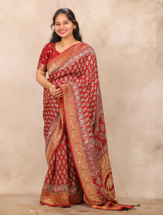 Red Ajrakh Handblock printed Dola Silk Saree | Looms & Tassels