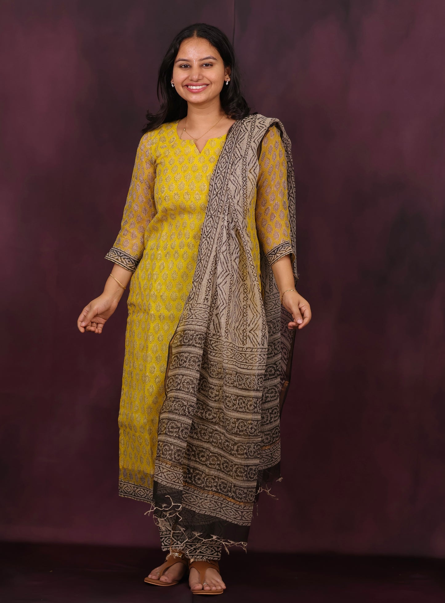 Yellow Handblock printed kota 3 piece suit (stitched)