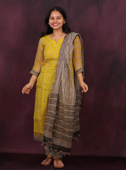 Yellow Handblock printed kota 3 piece suit (stitched)