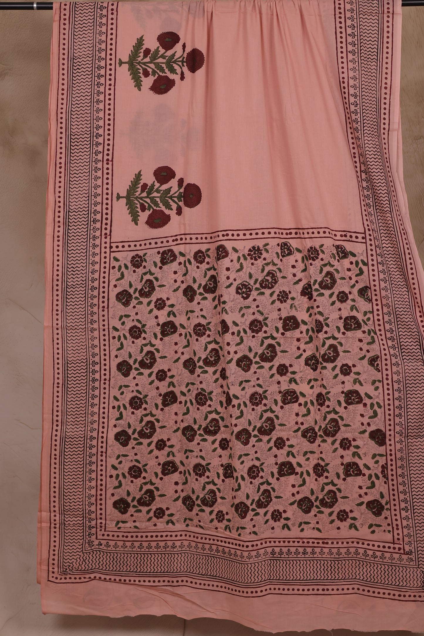 Peach Bagru Handblock printed MulMul cotton saree | Looms & Tassels