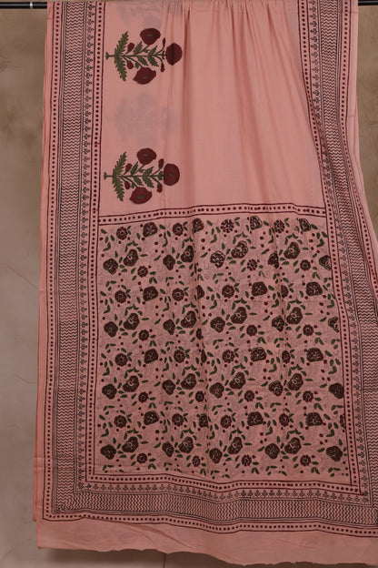 Peach Bagru Handblock printed MulMul cotton saree | Looms & Tassels
