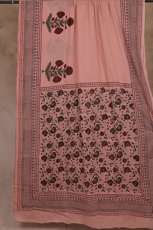 Peach Bagru Handblock printed MulMul cotton saree | Looms & Tassels