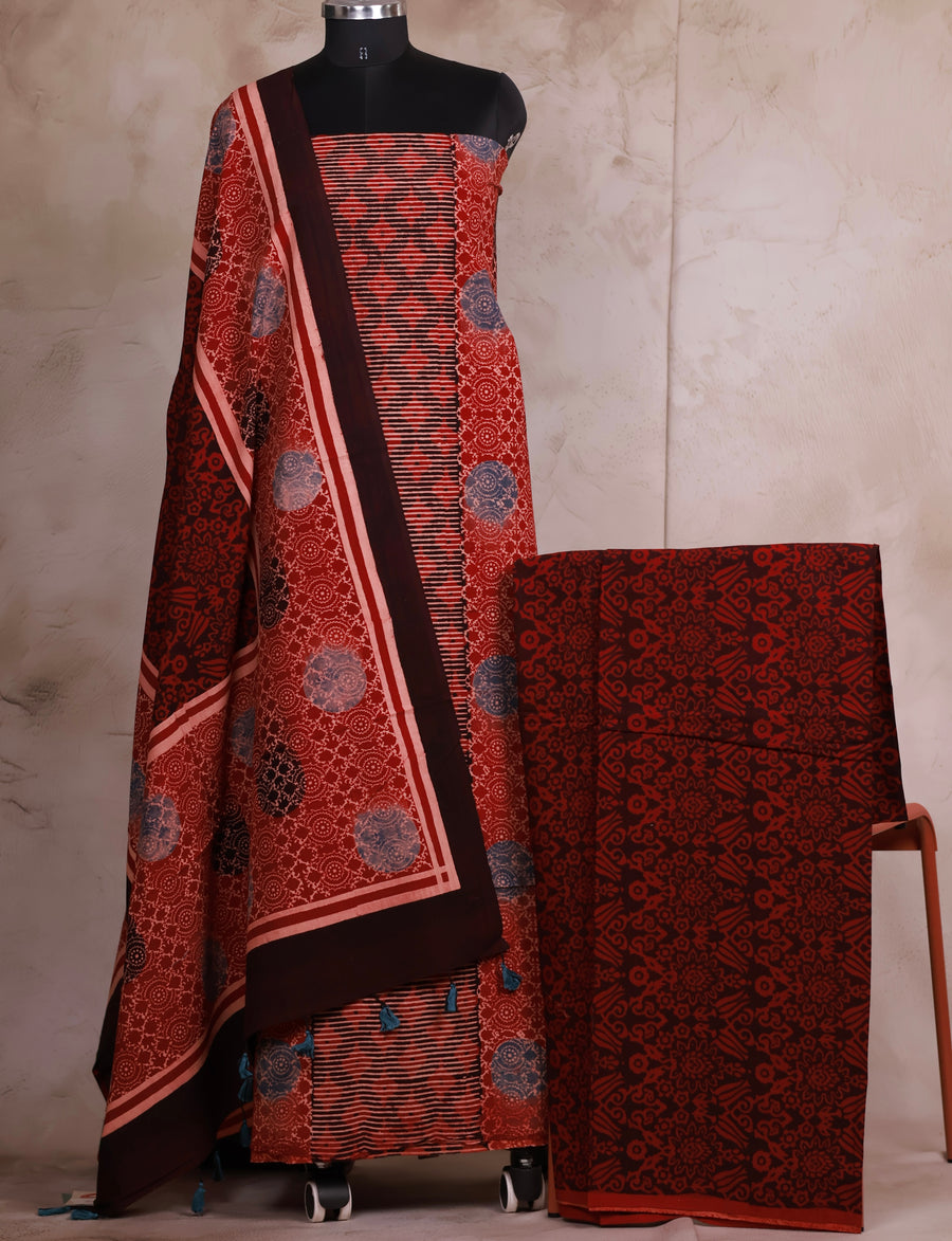 Maroon Ajrakh Handblock Printed Pure Cotton 3 piece suit set | Looms & Tassels