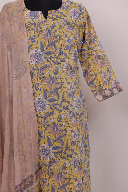 Handblock printed Pure Mul Cotton with Chiffon Duppata 3 piece suit (stitched)
