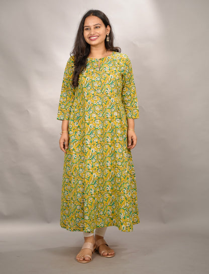 Mustard Yellow Pure Mul Cotton Kali Kurta  | Looms & Tassels