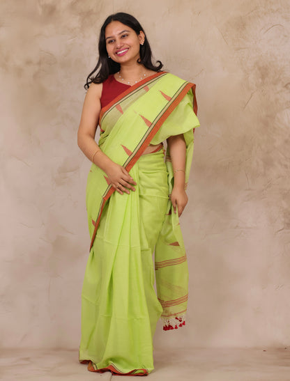 Pastel Handwoven Malai Cotton Saree| Looms & Tassels