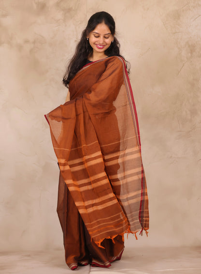 Brown Narayanpet Cotton Saree | Looms & Tassels