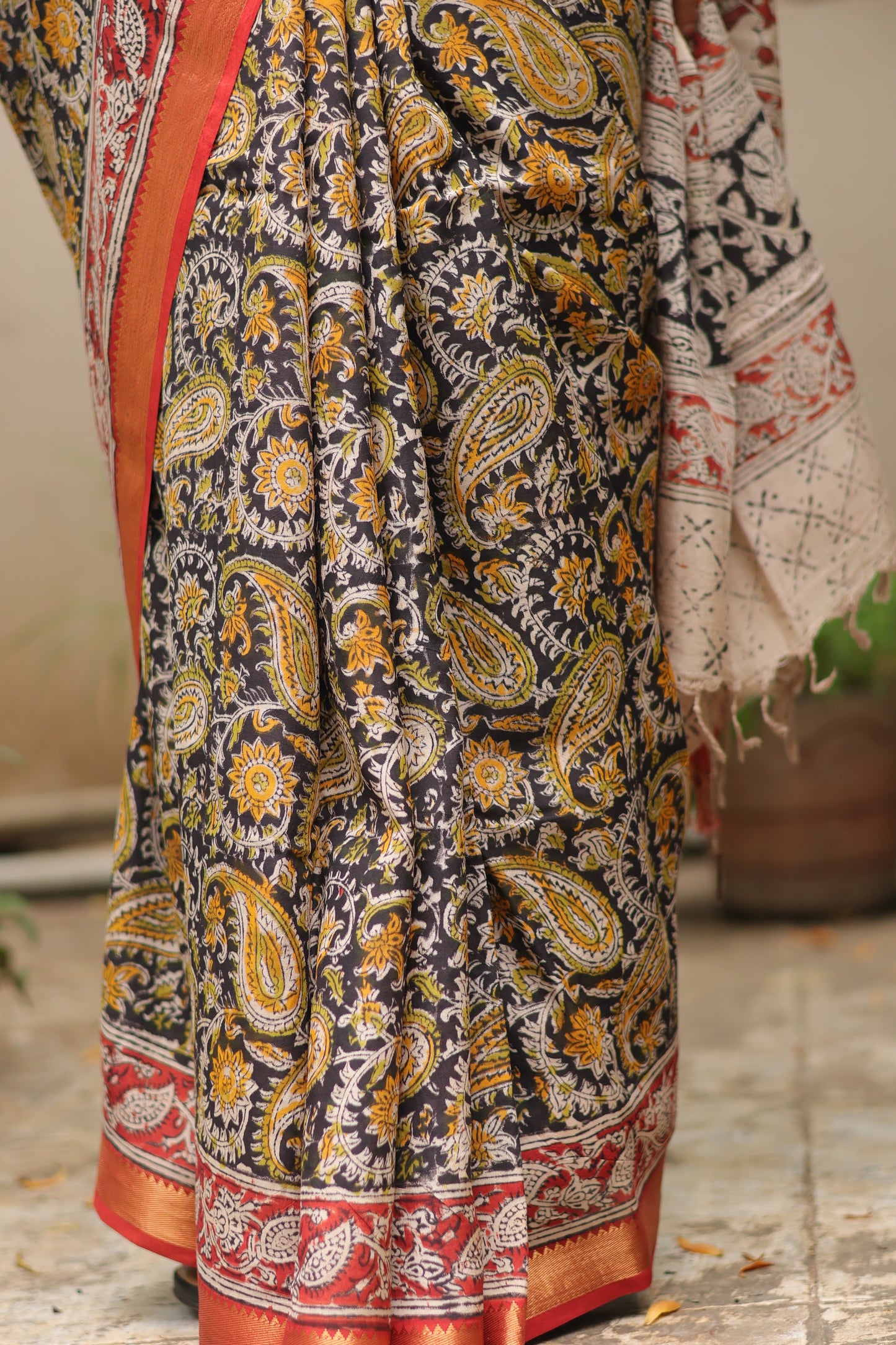 Black Hand Block Printed Kalamkari Nizam Border Silk Sare