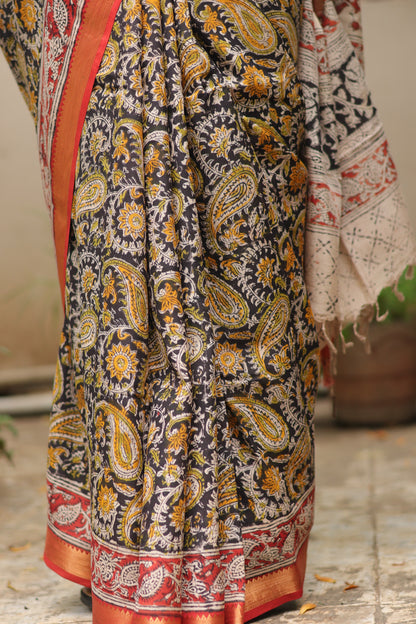 Black Hand Block Printed Kalamkari Nizam Border Silk Sare