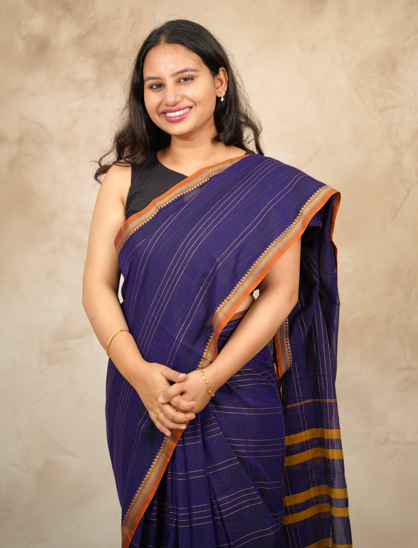 Dark Blue Narayanpet Cotton Saree lines weaving | Looms & Tassels