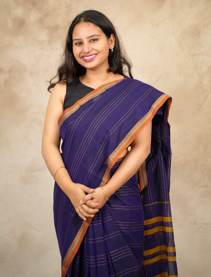 Dark Blue Narayanpet Cotton Saree lines weaving | Looms & Tassels