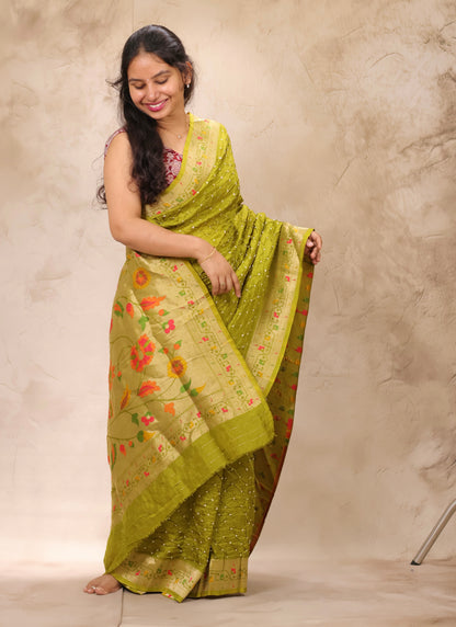 Olive Green Handcrafted Bandhani Paithani Dola Silk Saree | Looms & Tassels