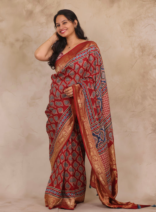 Maroon Butta Ajrakh Handblock printed Dola Silk Saree | Looms & Tassels
