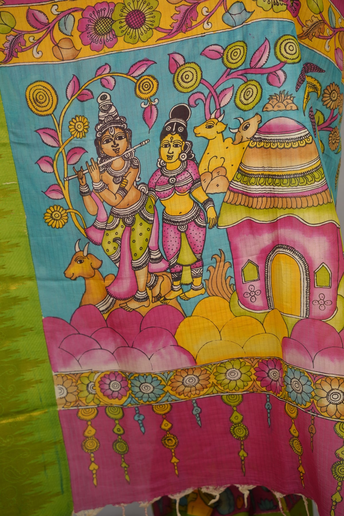 Pink Hand Drawn Pen Kalamkari Bangalore Silk Kanchi Border Saree | Looms & Tassels