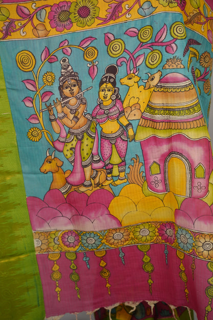 Pink Hand Drawn Pen Kalamkari Bangalore Silk Kanchi Border Saree | Looms & Tassels