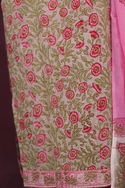 Grey & Pink Handblock printed Pure Mul Cotton with Mul Cotton Duppata 3 piece suit (stitched)