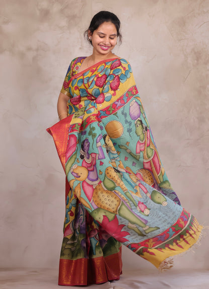 Hand Drawn Pen Kalamkari Yellow And Red's pink Bangalore Silk Kanchi Border Saree | Looms & Tassels