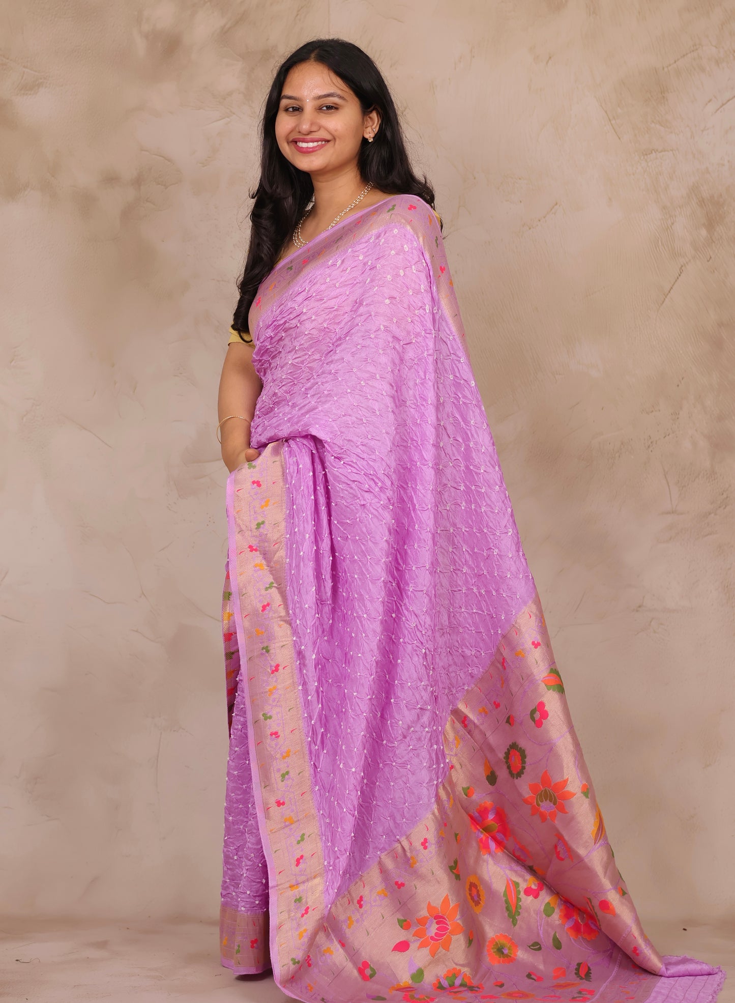 Orchid Pink Handcrafted Bandhani Paithani Dola Silk Saree | Looms & Tassels