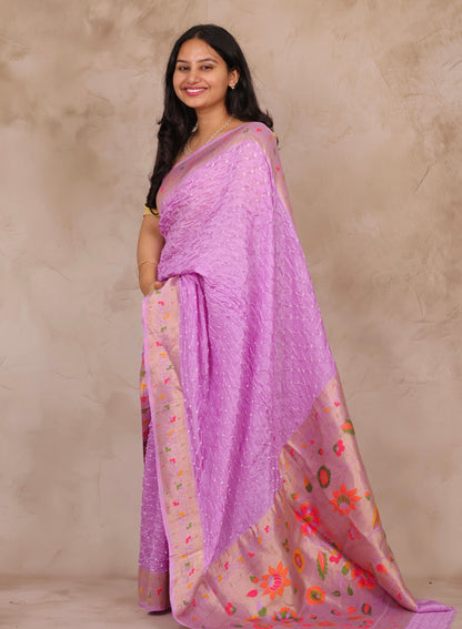 Orchid Pink Handcrafted Bandhani Paithani Dola Silk Saree | Looms & Tassels