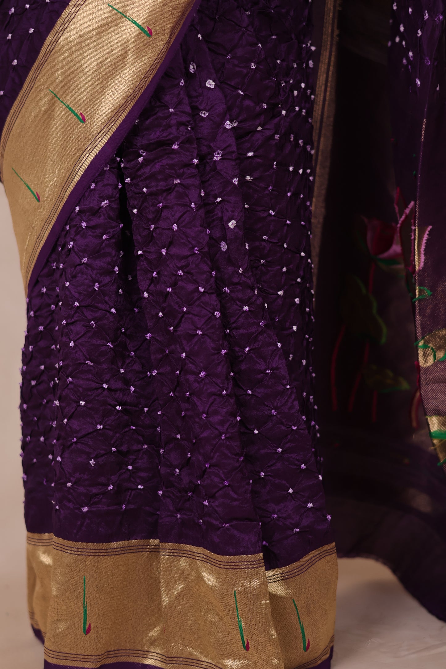 Purple Handcrafted Bandhani Paithani Dola Silk Saree | Looms & Tassels