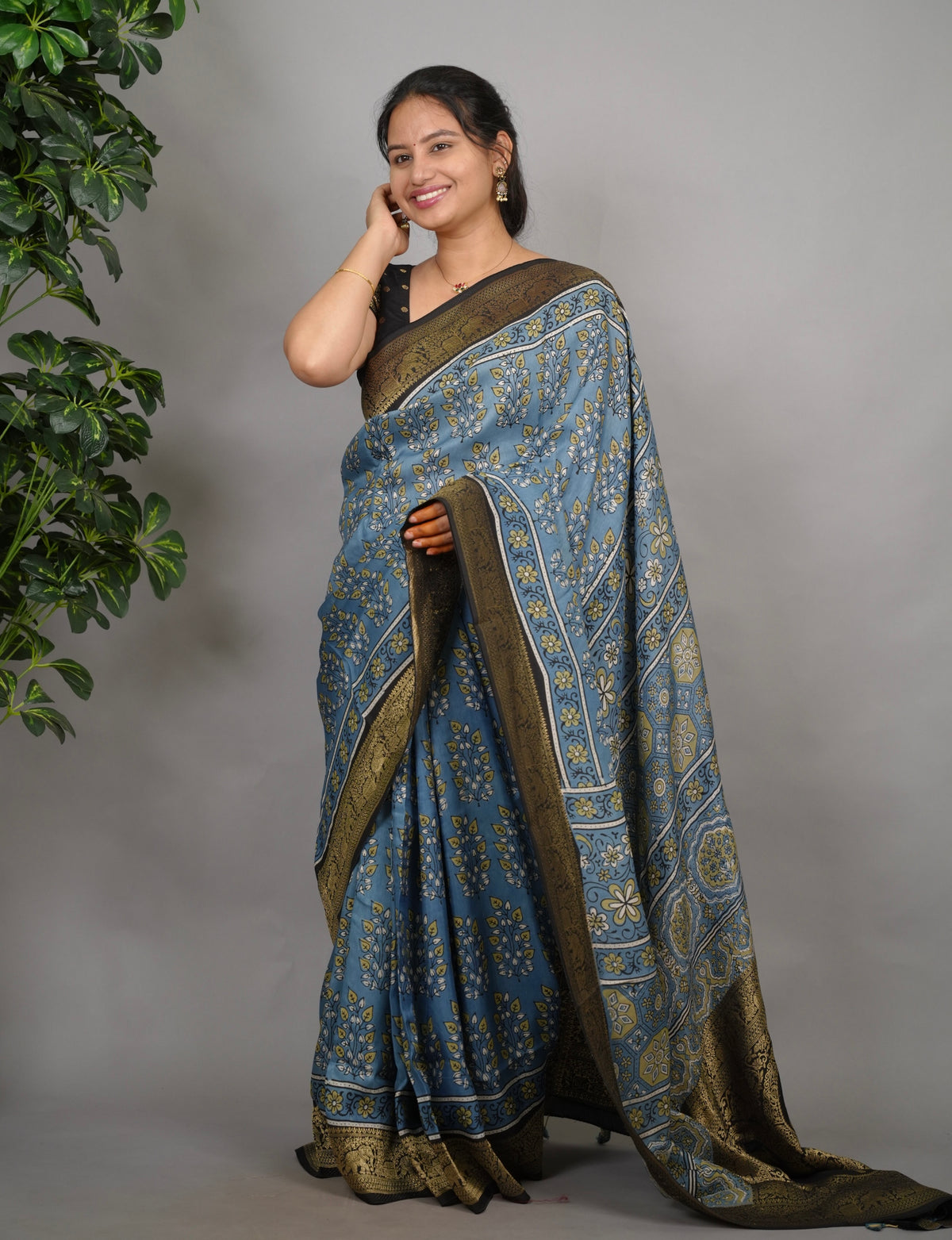 Ajrakh Dola Silk Saree - Blue | Looms & Tassels
