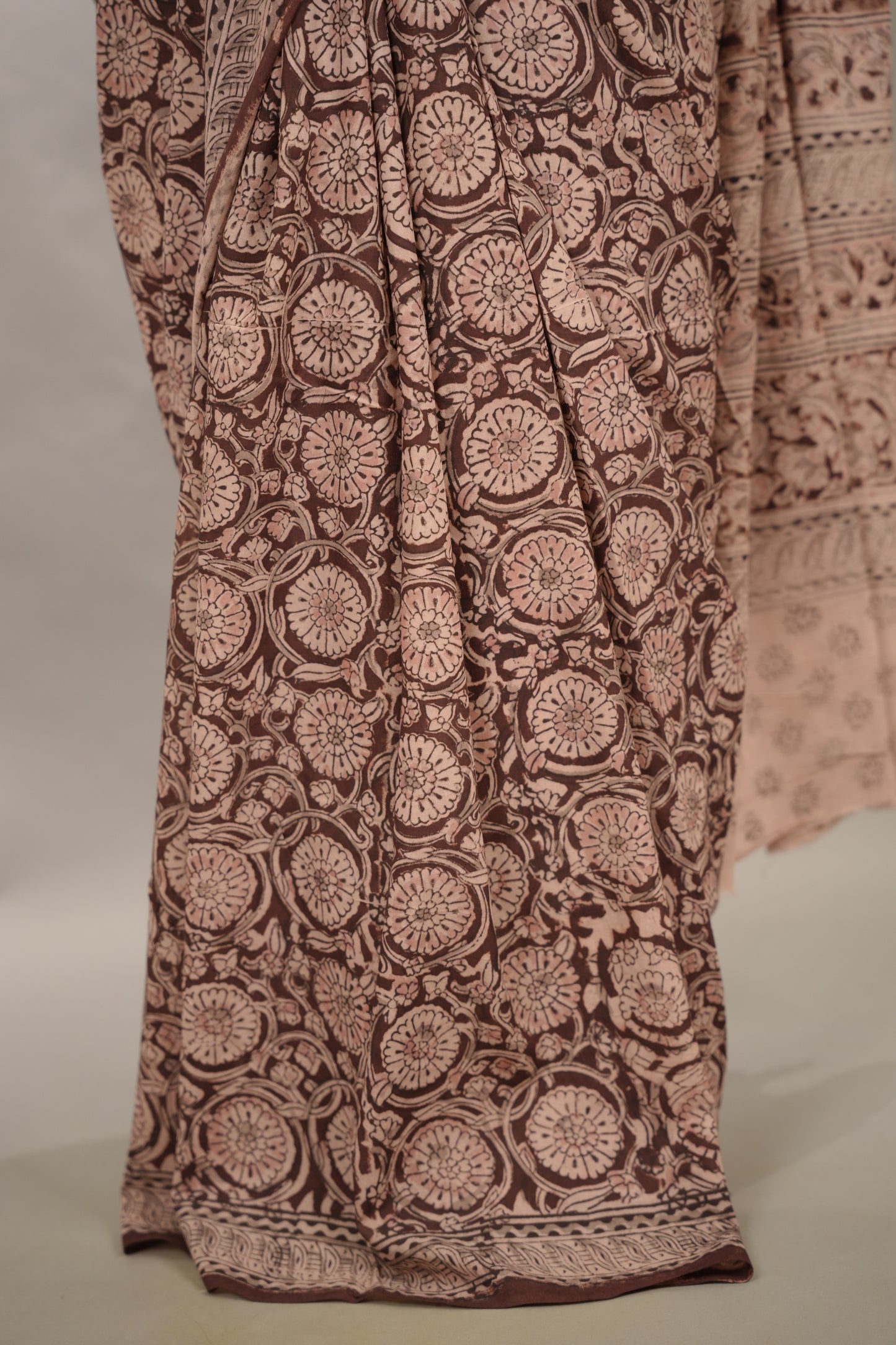 Maroon Hand Block Printed Kalamkari Cotton Saree | Looms & Tassels