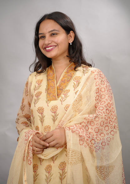 Cream Handblock printed kota 3 piece suit (stitched)| Looms & Tassels