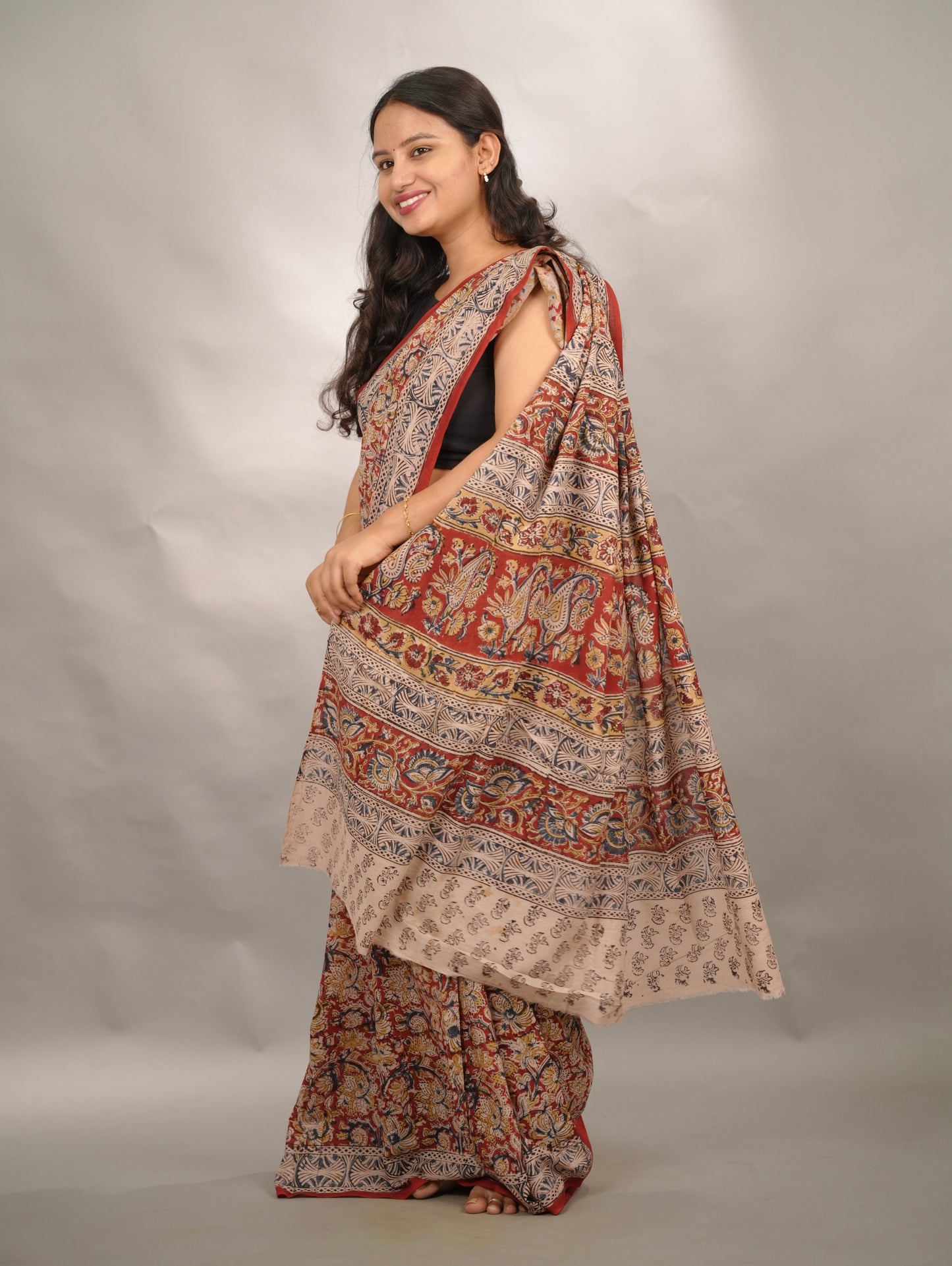 Red Hand Block Printed Kalamkari Cotton Saree | Looms & Tassels