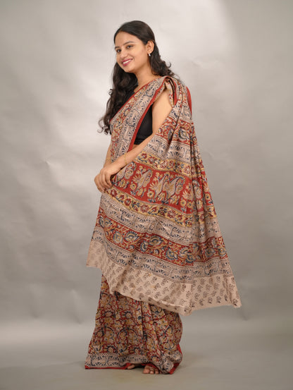 Red Hand Block Printed Kalamkari Cotton Saree | Looms & Tassels