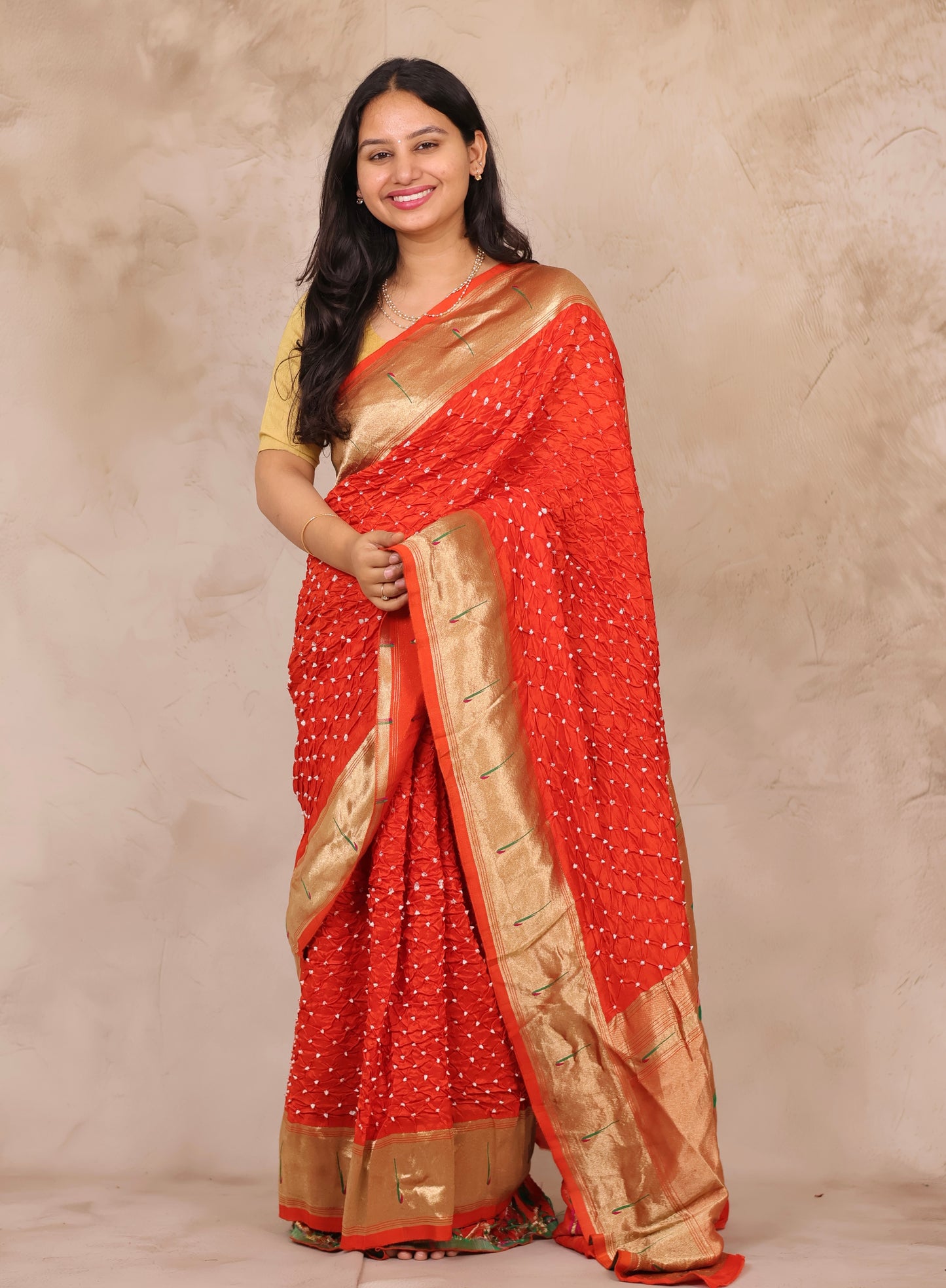 Orange Handcrafted Bandhani Paithani Dola Silk Saree | Looms & Tassels
