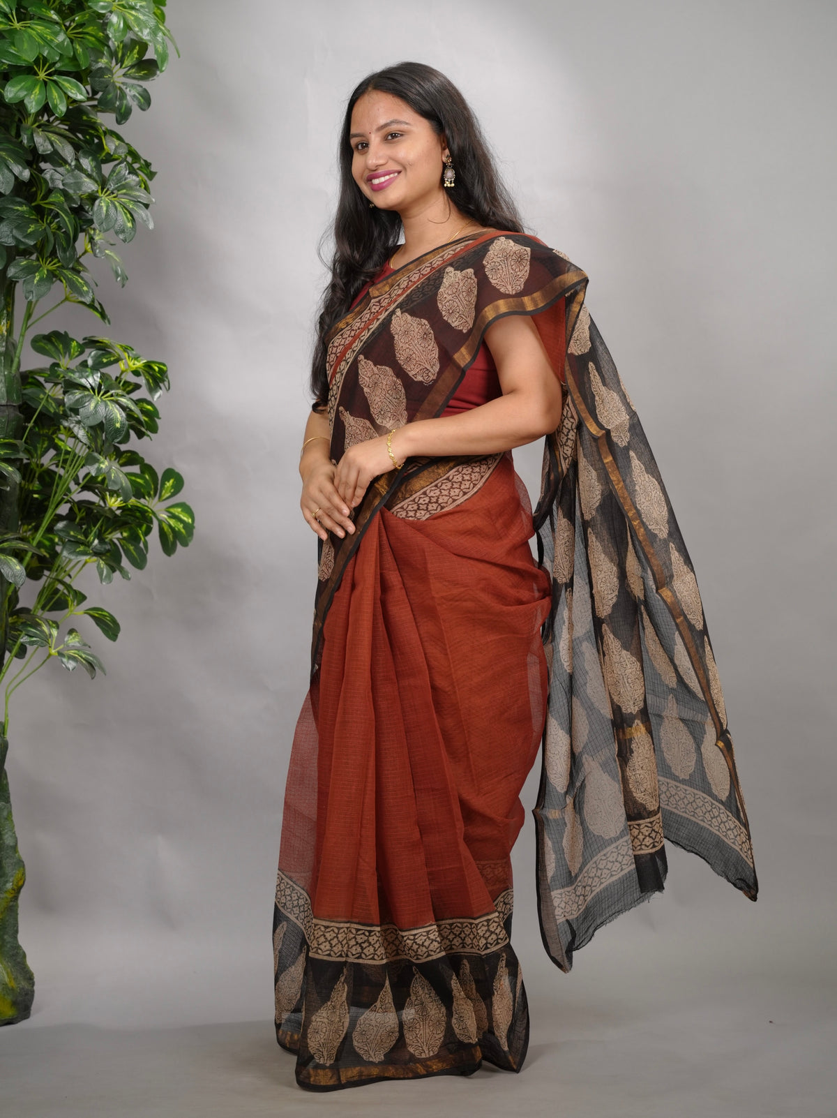 Maroon Pure Kota Doria Saree with Bagru Handblock Prints