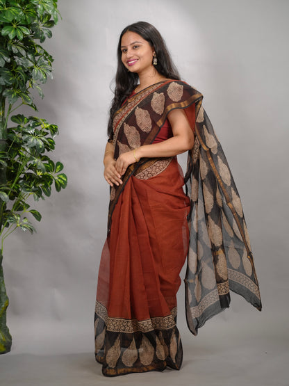 Maroon Pure Kota Doria Saree with Bagru Handblock Prints