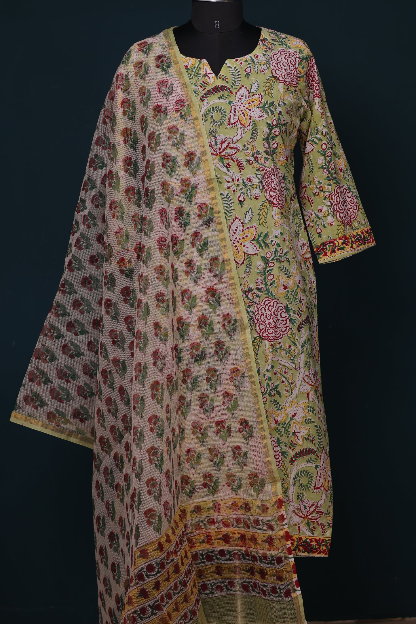 Green Handblock printed Pure Mul Cotton with Kota Doria Duppata 3 piece suit (stitched)