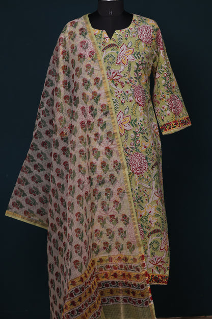 Green Handblock printed Pure Mul Cotton with Kota Doria Duppata 3 piece suit (stitched)