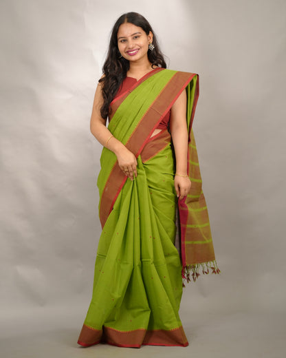 Parrot Green Handloom Venkatagiri Cotton Saree Without Blouse | Looms & Tassels