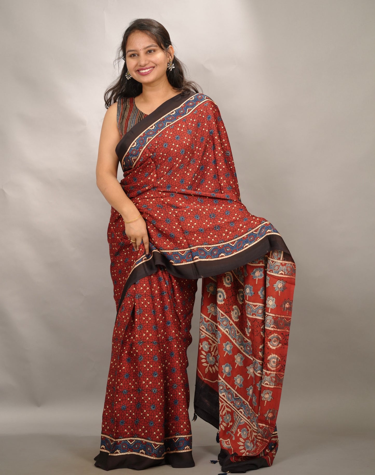 Maroon Authentic Ajrakh Handblock Printed Modal Silk Saree | Looms & Tassels