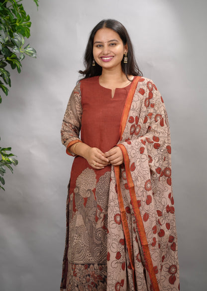 Maroon Kalamkari Kota Cotton 3 piece suit (stitched) | Looms & Tassels