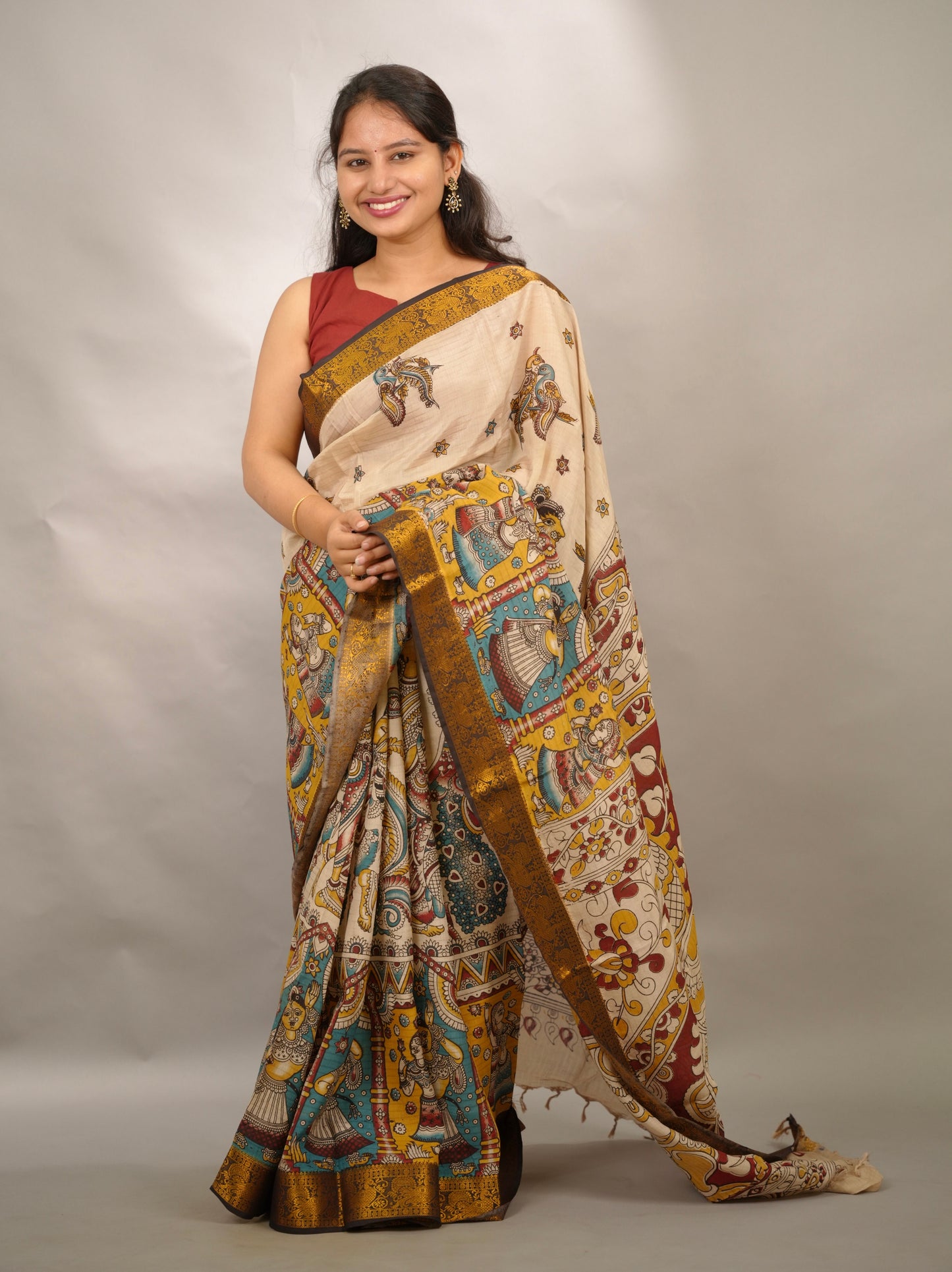 Cream Kanchi border Kalamkari chennur silk saree | Looms & Tassels