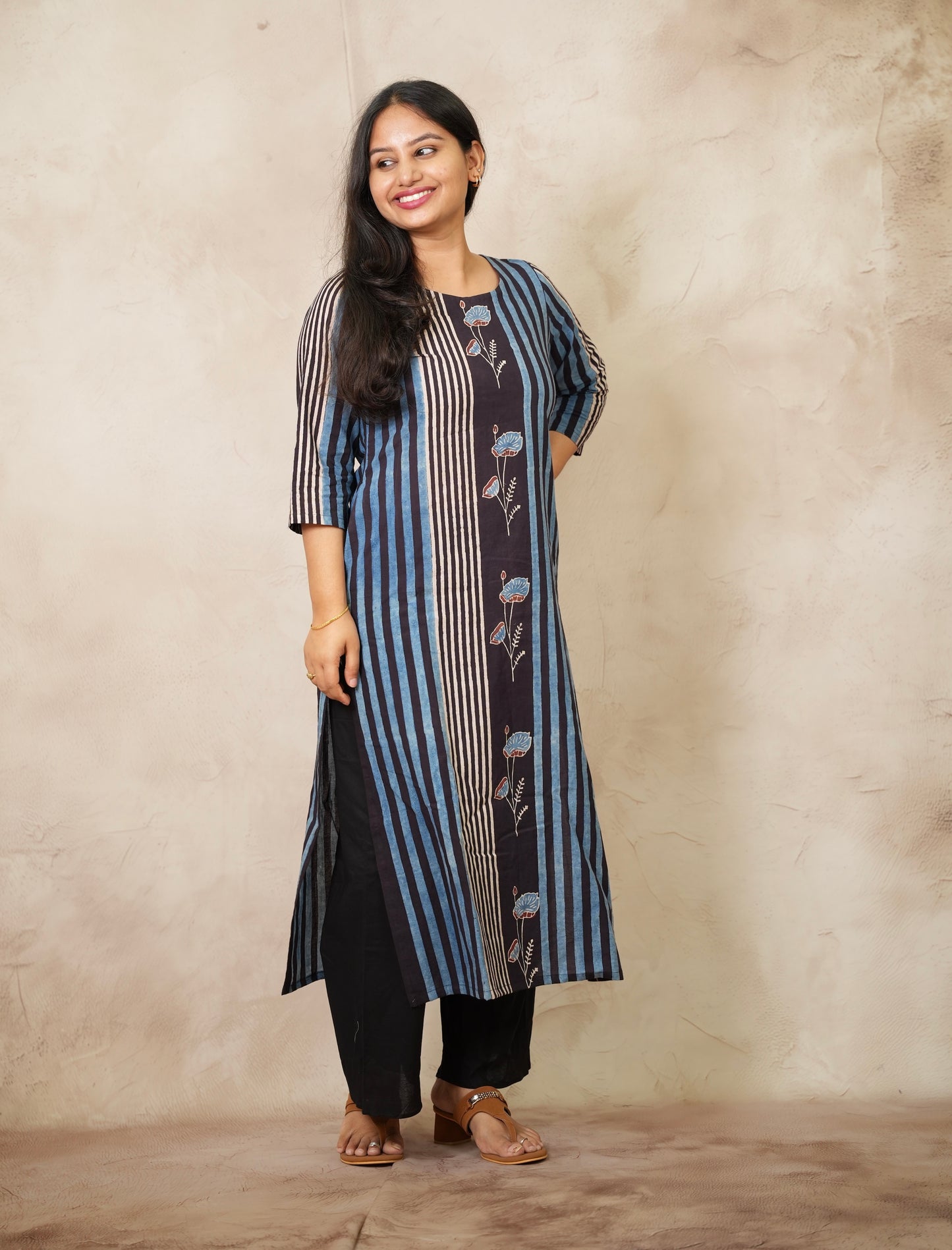 Blue & Black Ajrakh Pattern Hand Block printed Kurti | Looms & Tassels