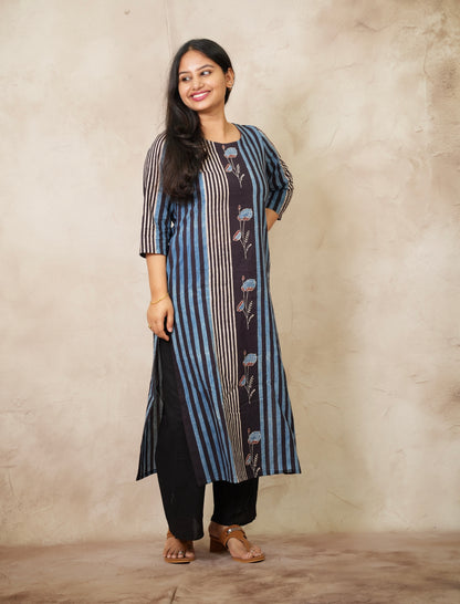 Blue & Black Ajrakh Pattern Hand Block printed Kurti | Looms & Tassels