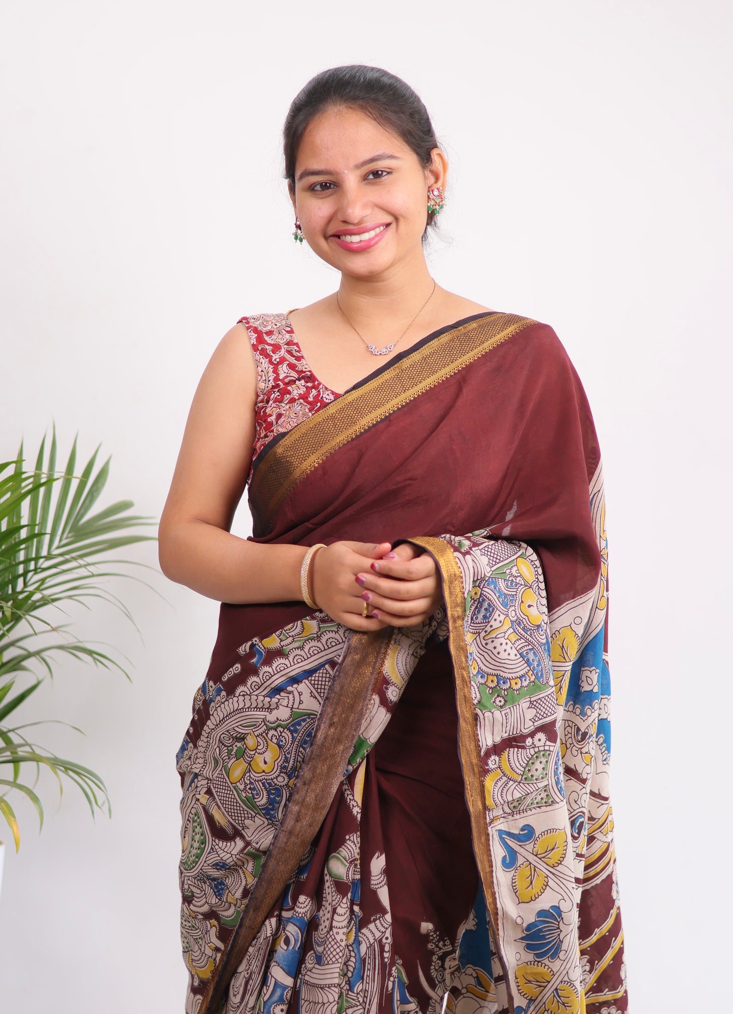 Brown Nizam Border Kalamkari Silk Saree