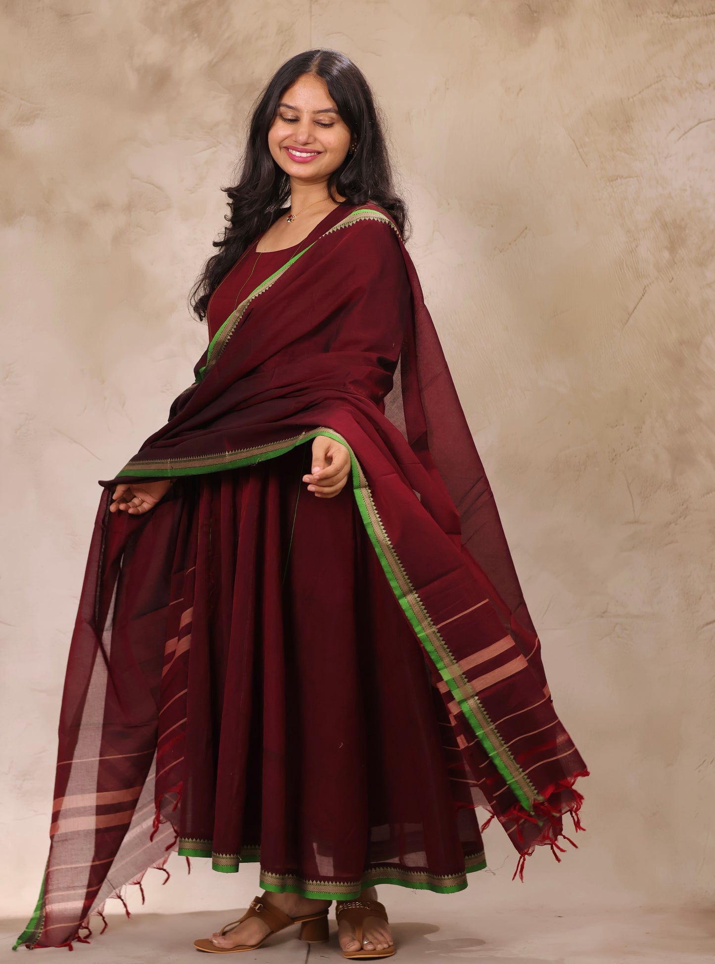 Maroon Narayanpet Cotton Anarkali Dress with Narayanpet Dupatta | Looms & Tassels