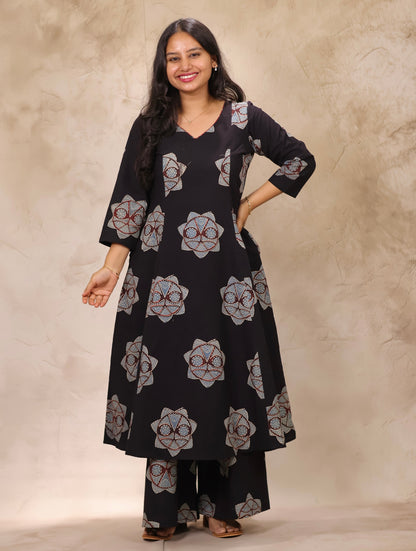 Black Ajrakh Handblock Printed Kali Kurti Co-ord Set (Pure Cotton ) | Looms & Tassels