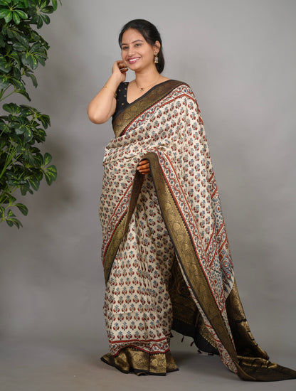 Cream Ajrakh Handblock printed Dola Silk Saree| Looms & Tassels