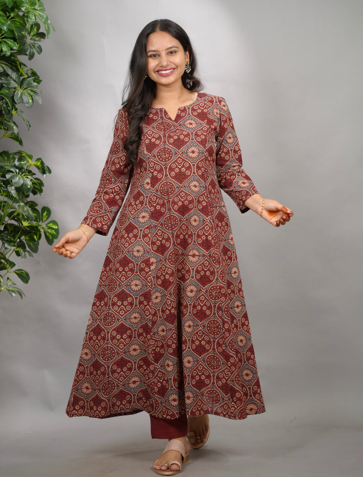 Maroon Ajrakh Cotton Kali Kurta | Looms & Tassels