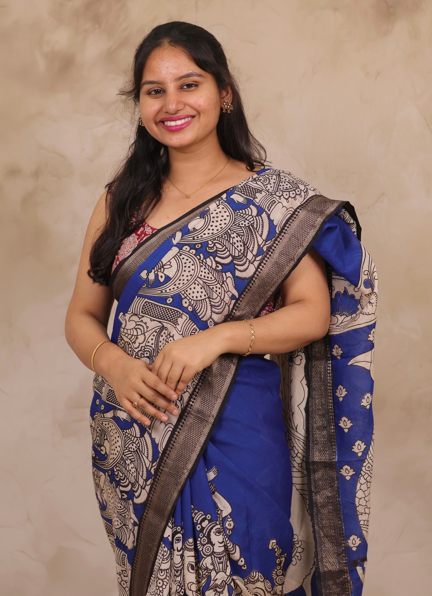 Ink Blue Story Telling Kalamkari Nizam Border Chennur Silk Saree | Looms & Tassels