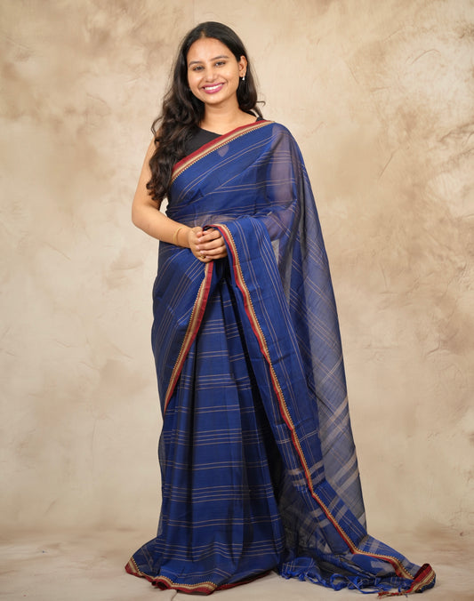 Blue Narayanpet Cotton Saree lines weaving | Looms & Tassels