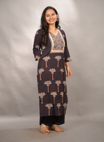 Black Ajrakh Pattern Hand Block printed Kurti | Looms & Tassels