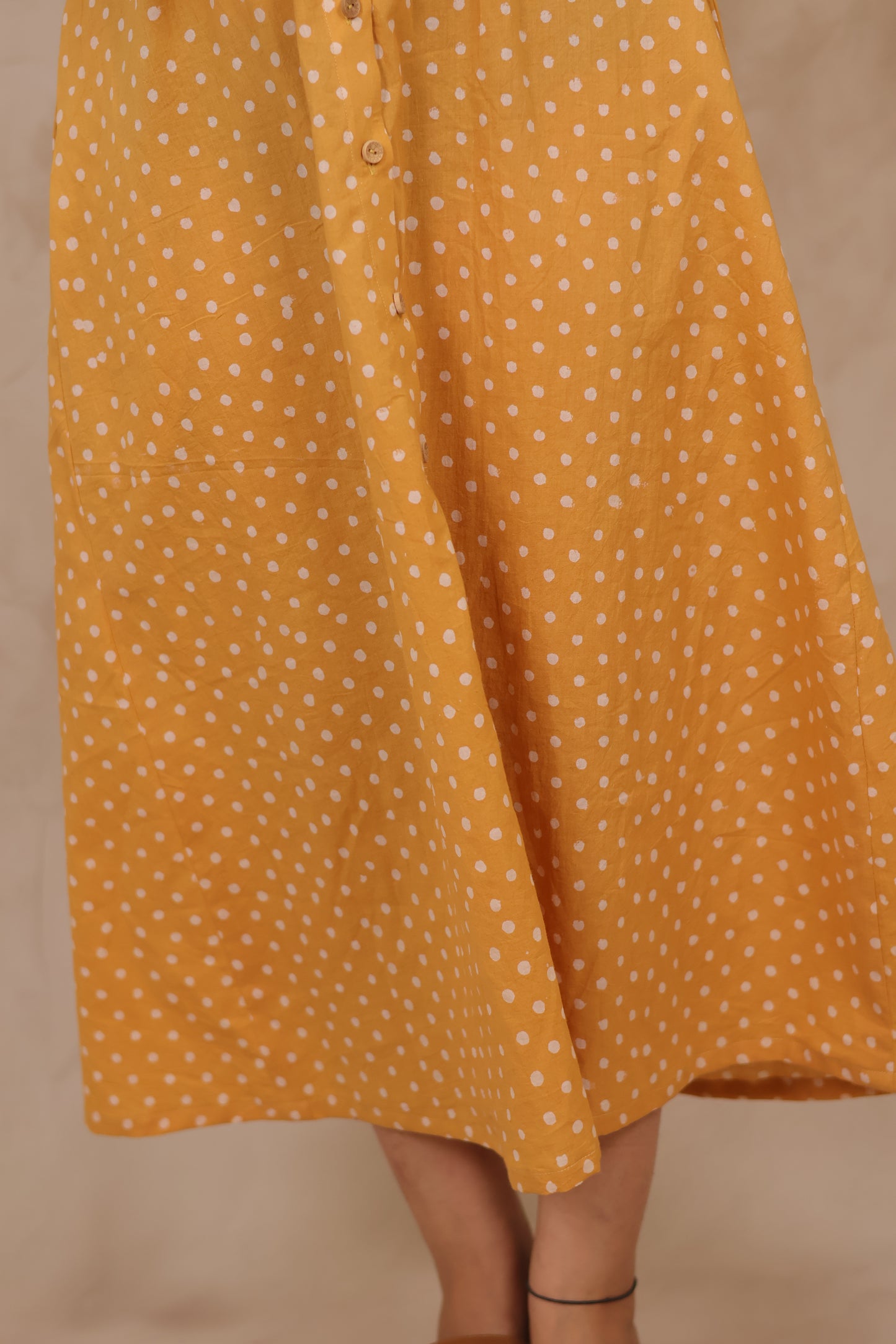 Mustard Yellow Polka Dot Pure Mul Cotton A-Line Shirt Dress | Looms & Tassels