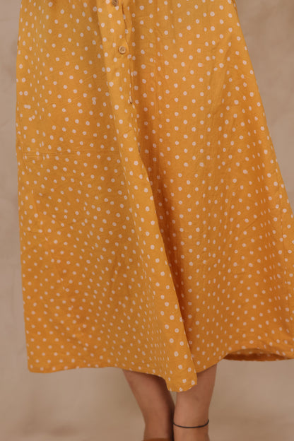 Mustard Yellow Polka Dot Pure Mul Cotton A-Line Shirt Dress | Looms & Tassels